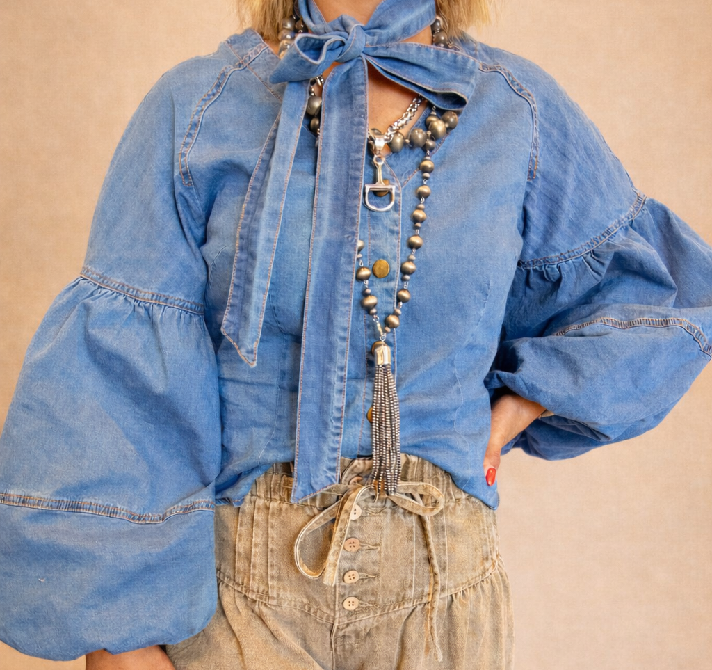 Denim Button Down Blouse with Necktie & Balloon Sleeve