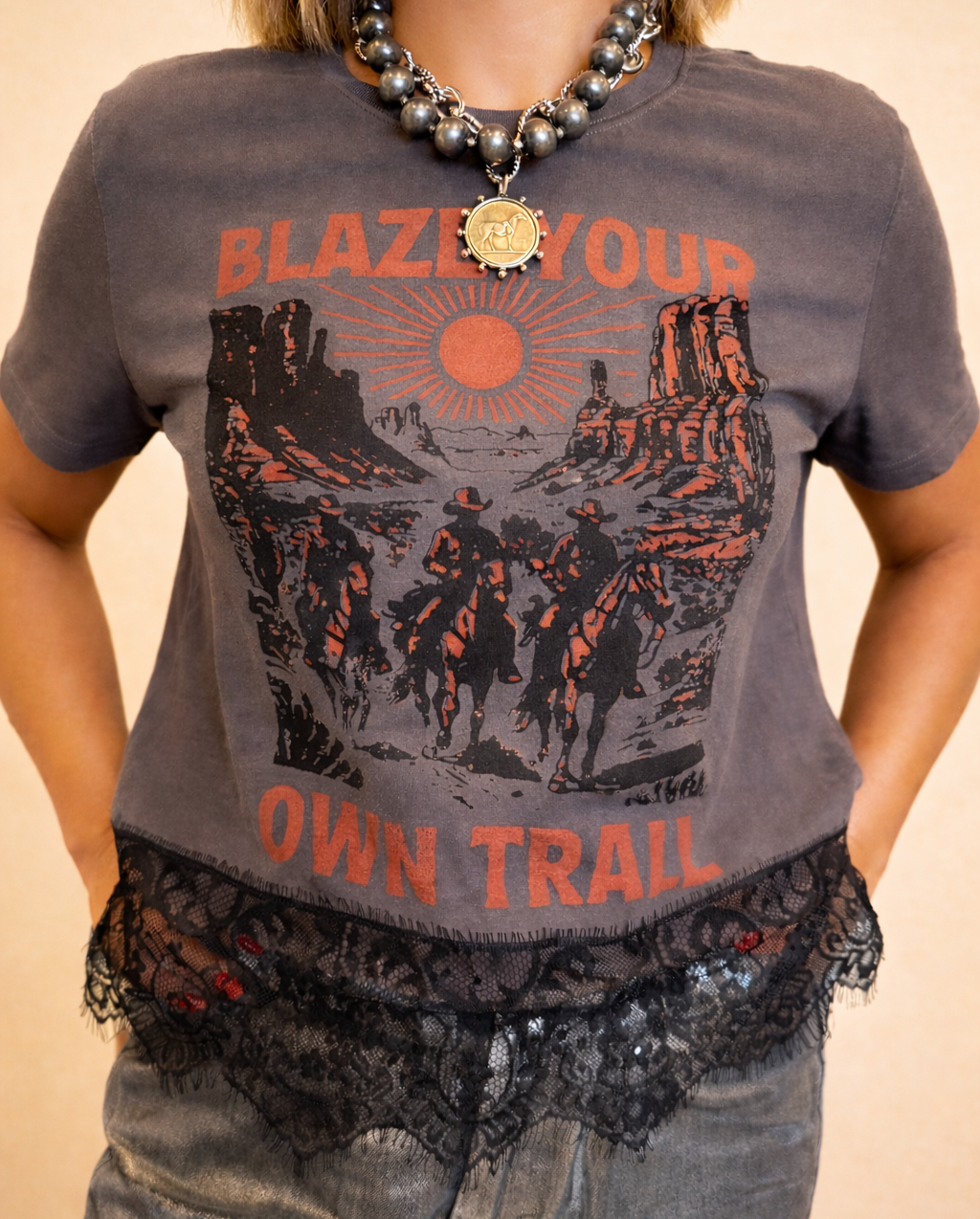 Grey Trail Graphic Top with Lace Bottom