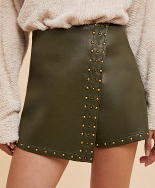 Olive Studded Faux Leather Skort