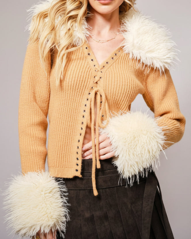 Faux Fur Trim Lace Up Cardigan