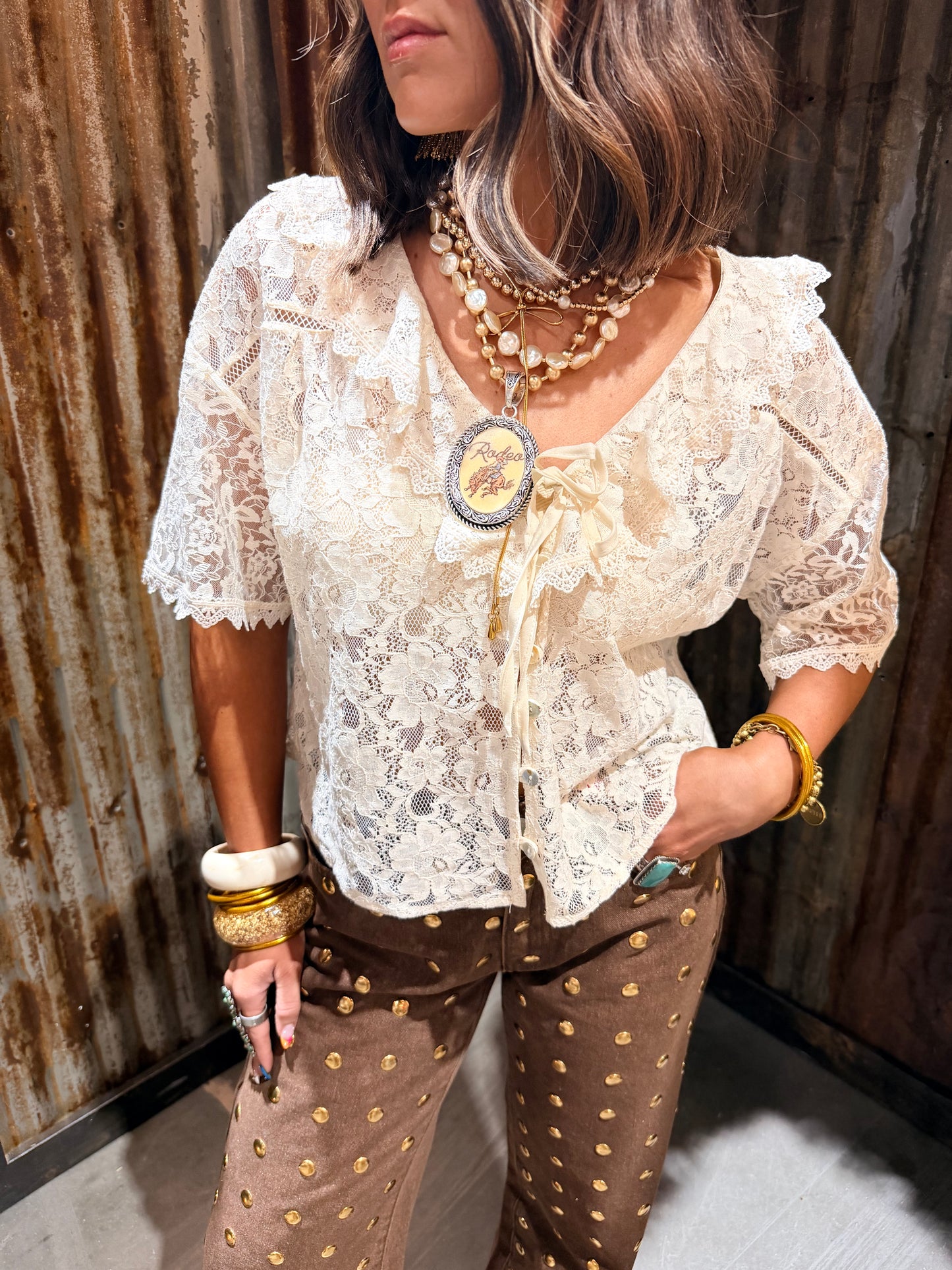 Ruffled Lace Tie Front Blouse