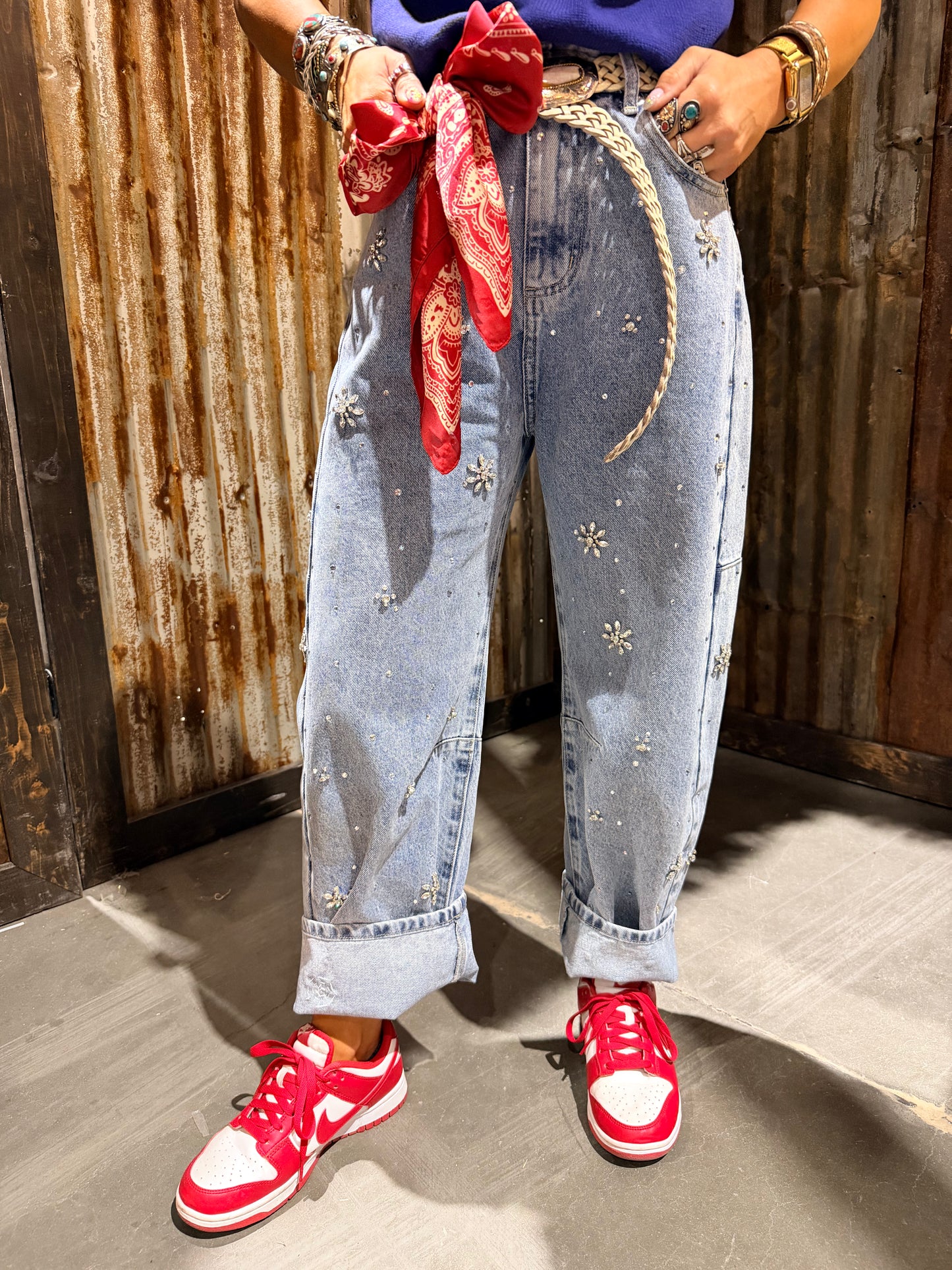 Rhinestone Denim Barrel Jean