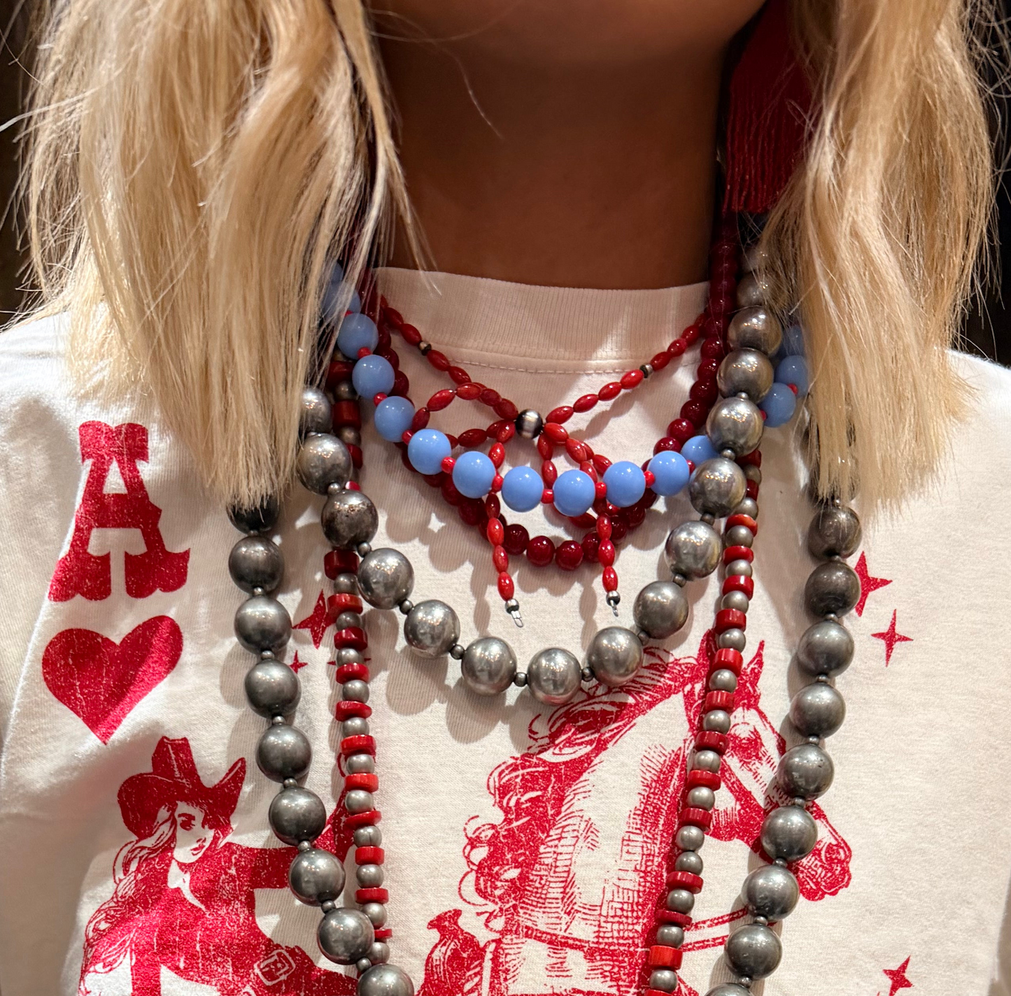 Baby Blue + Red Beaded Necklace