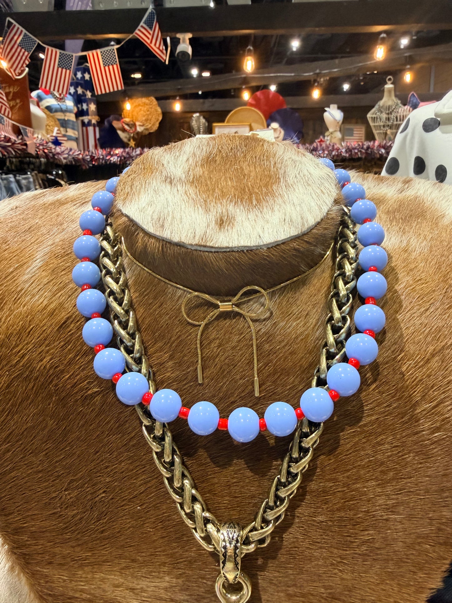 Baby Blue + Red Beaded Necklace