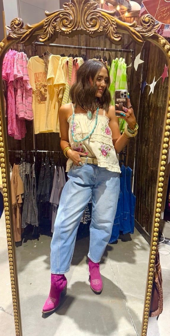 Criss Cross Denim Barrel Jean