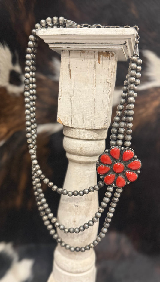 Silver Strand with Red Floral Pendant