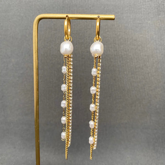Zircon & Pearl Fringe 18K Earring